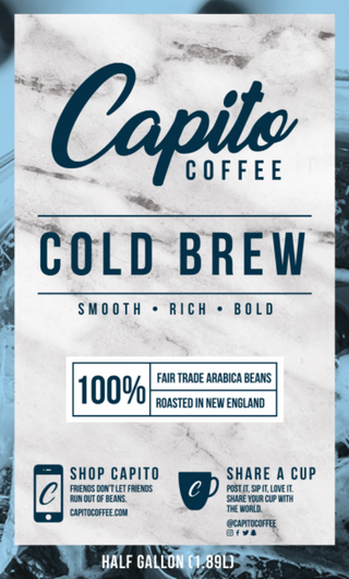 Capito Coffee 5LB Bag Cold Brew (Ground) label on marble. Featuring "Smooth • Rich • Bold,” this blend uses 100% Fair Trade Arabica coarse ground coffee, roasted in New England. Shop, share, and enjoy the freshness in every brew.