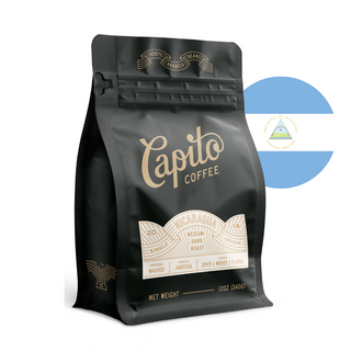 A stylish matte black bag of Capito Coffee's single-origin Origins Roast, sourced from Finca Los Papales in Jinotega, Nicaragua. This medium-dark roast weighs 12 oz (340g) and showcases a logo with text and graphical elements. The design is further enhanced by a sophisticated blue and white circular emblem.