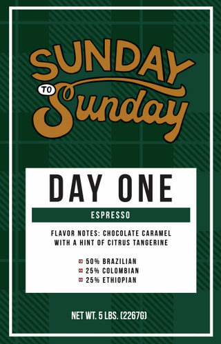 Capito Coffee label: "Sunday to Sunday" in bold, stylized text. Below: "Day One Espresso"—flavor notes of chocolate caramel and citrus tangerine. Bean origins listed. 5 LB BAG WHOLE BEAN (2267g).